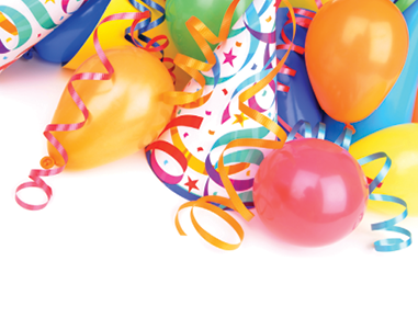 various colored party balloons and ribbons