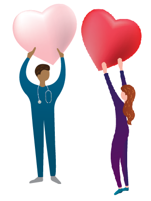 cartoon of male nurse and woman holding up two heart shapes