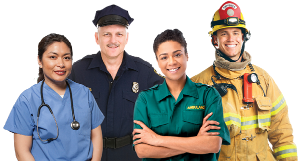 Group of ethnically diverse first responders, male and female nurses, EMT, officers, fire fighters