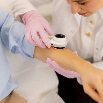 dermatologist performing a skin check on woman's arm